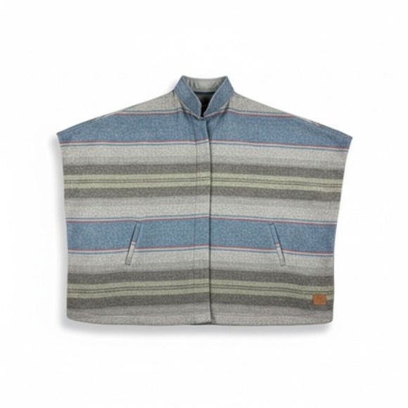 Eddie Bauer Poncho Womens Medium Gray Wool Blend Striped Cape Jacket Coat - Picture 3 of 7